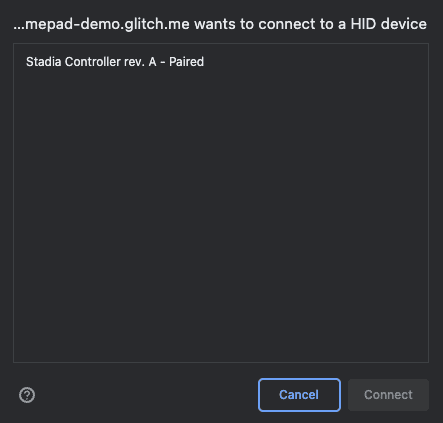 The WebHID API device picker showing only the Stadia controller.