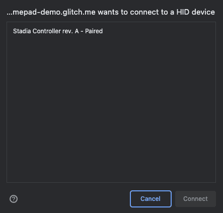 Stadia コントローラのみが表示された WebHID API のデバイス選択ツール。