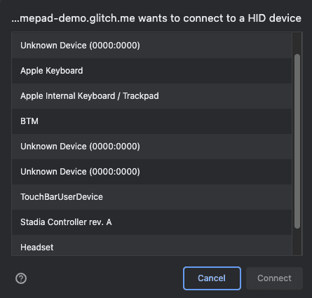 The WebHID API device picker showing some unrelated devices, and the Stadia controller in the penultimate position.