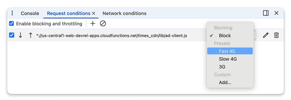 Riquadro a scomparsa delle condizioni della richiesta in DevTools.