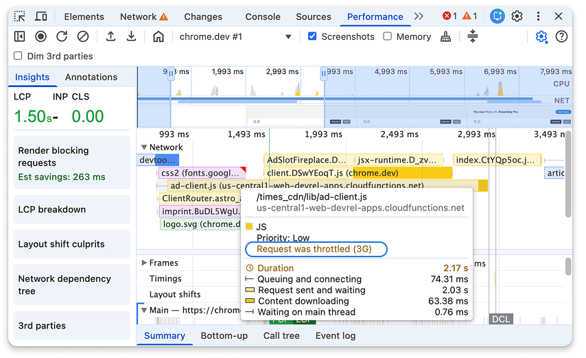Il riquadro Prestazioni in DevTools mostra gli indicatori delle richieste limitate.