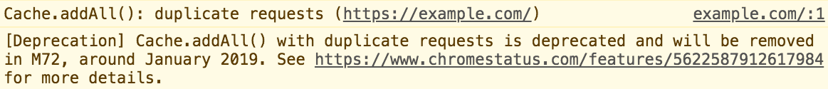 Uma captura de tela da mensagem de aviso no console do Chrome