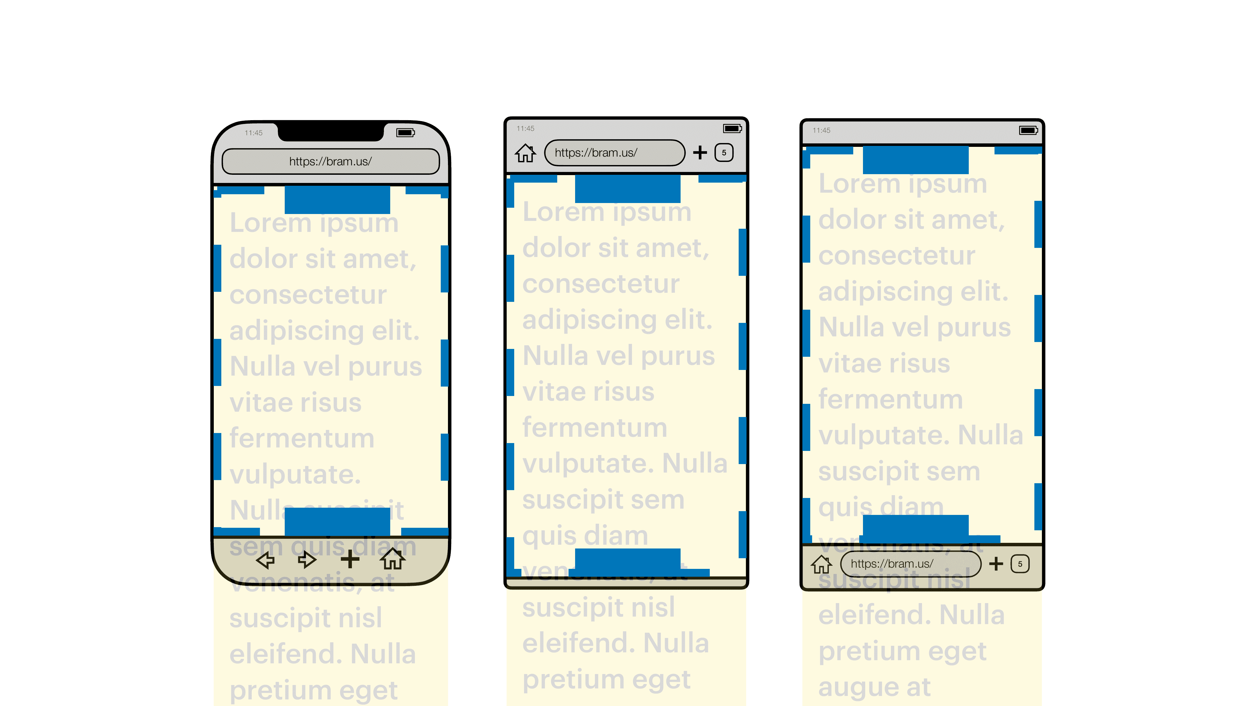 Visualización del viewport de diseño (contorno azul) en navegadores para dispositivos móviles, cada uno con dos elementos que se organizan con "position: fixed" (cuadros azules).