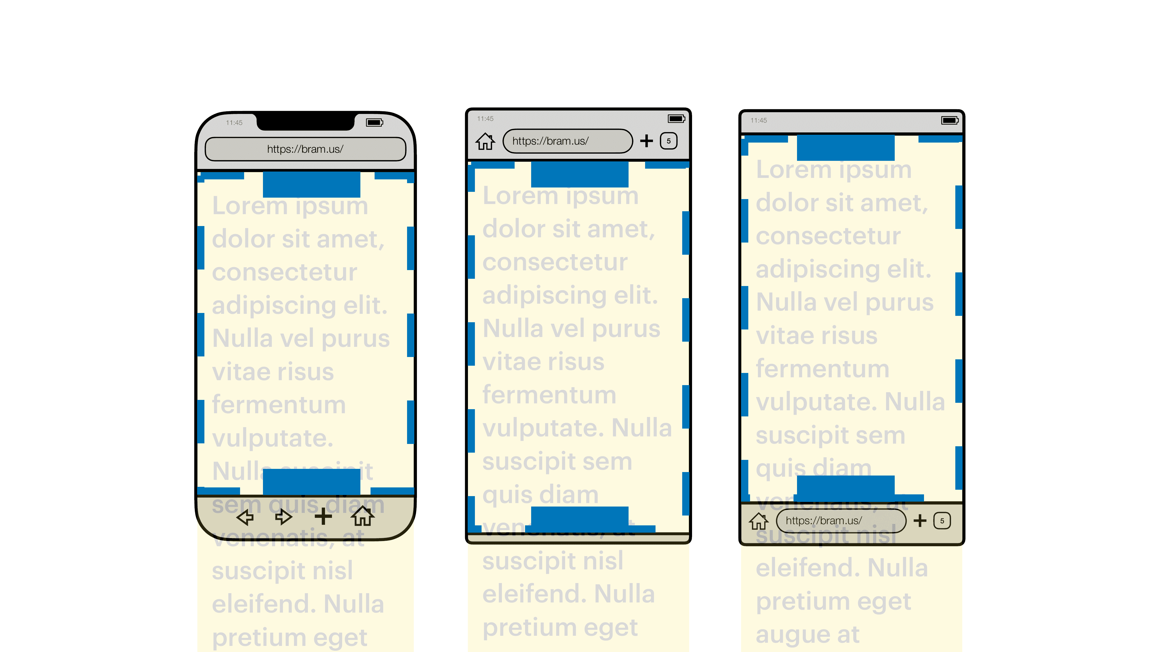 Visualisierung des Layout-Darstellungsbereichs (blauer Umriss) in mobilen Browsern mit jeweils zwei Elementen, die über „position: fixed“ (blaue Kästchen) angeordnet sind.