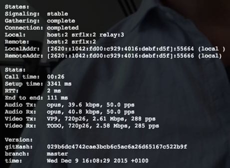 Captura de pantalla del cuadro de información appr.tc, en la que se muestra información sobre la señalización y el códec