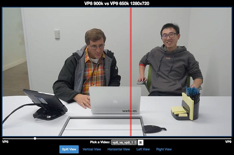 צילום מסך של סרטון שבו מוצגות שיחות VP8 ו-VP9 WebRTC זו לצד זו