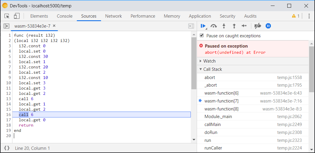 A screenshot of the previously limited WebAssembly debugging support in 
            Chrome DevTools.