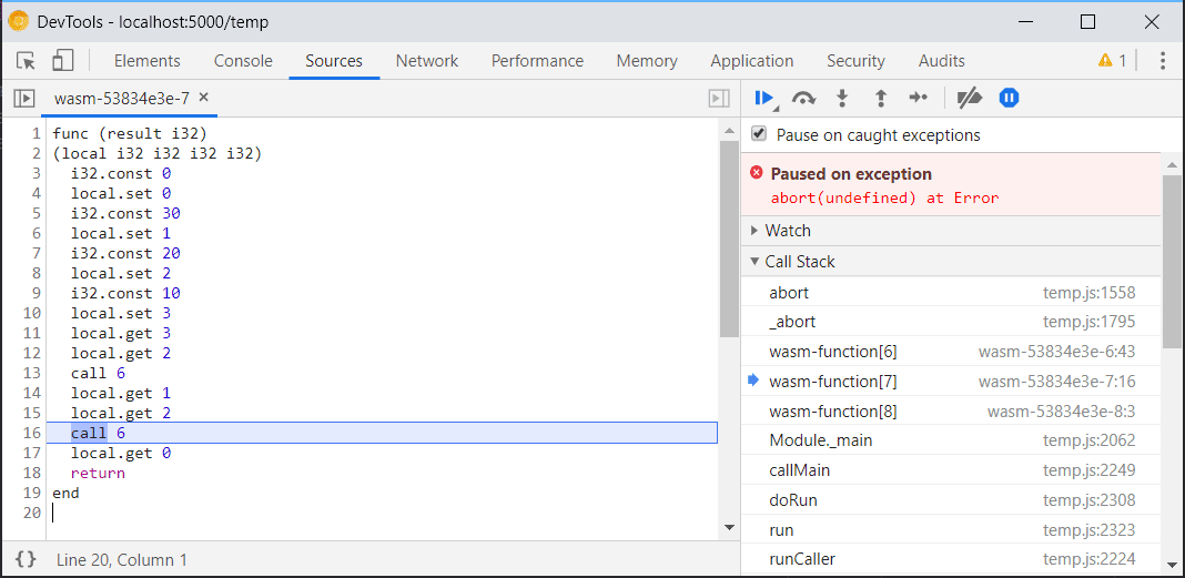 Ảnh chụp màn hình về tính năng hỗ trợ gỡ lỗi WebAssembly bị hạn chế trước đó trong Công cụ của Chrome cho nhà phát triển.