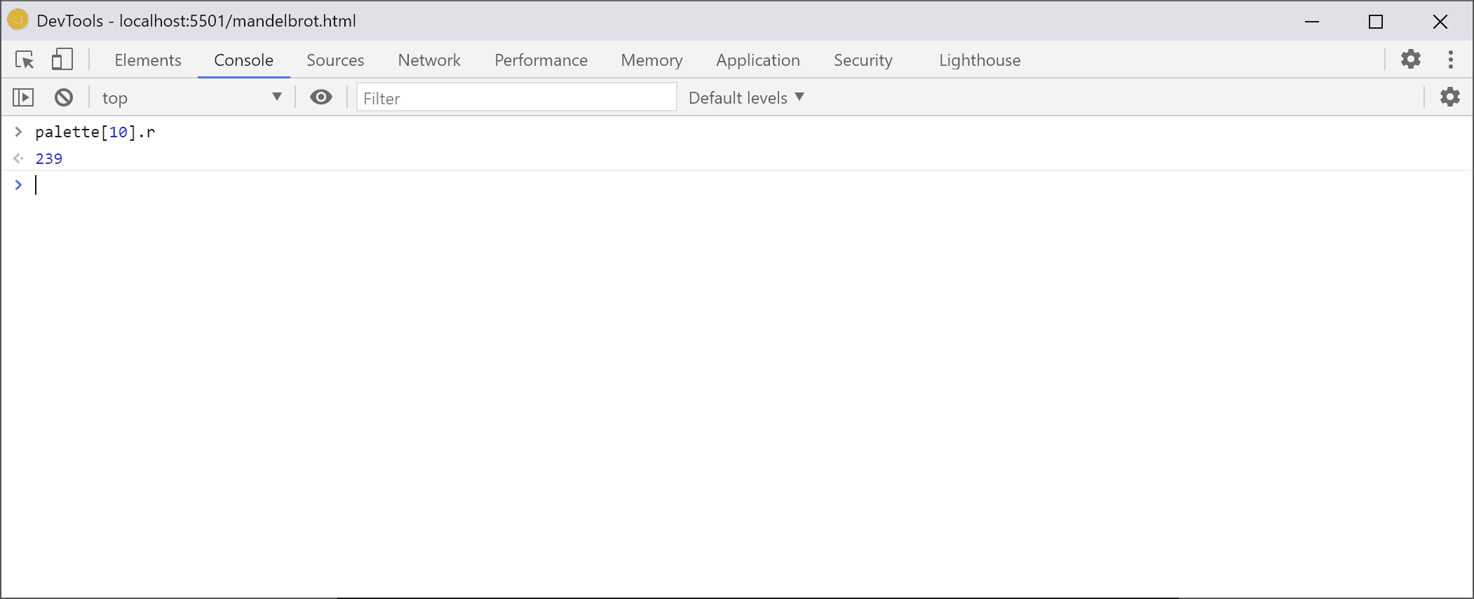 &quot;palette[10].r&quot; ifadesinin sonucunu gösteren konsol paneli