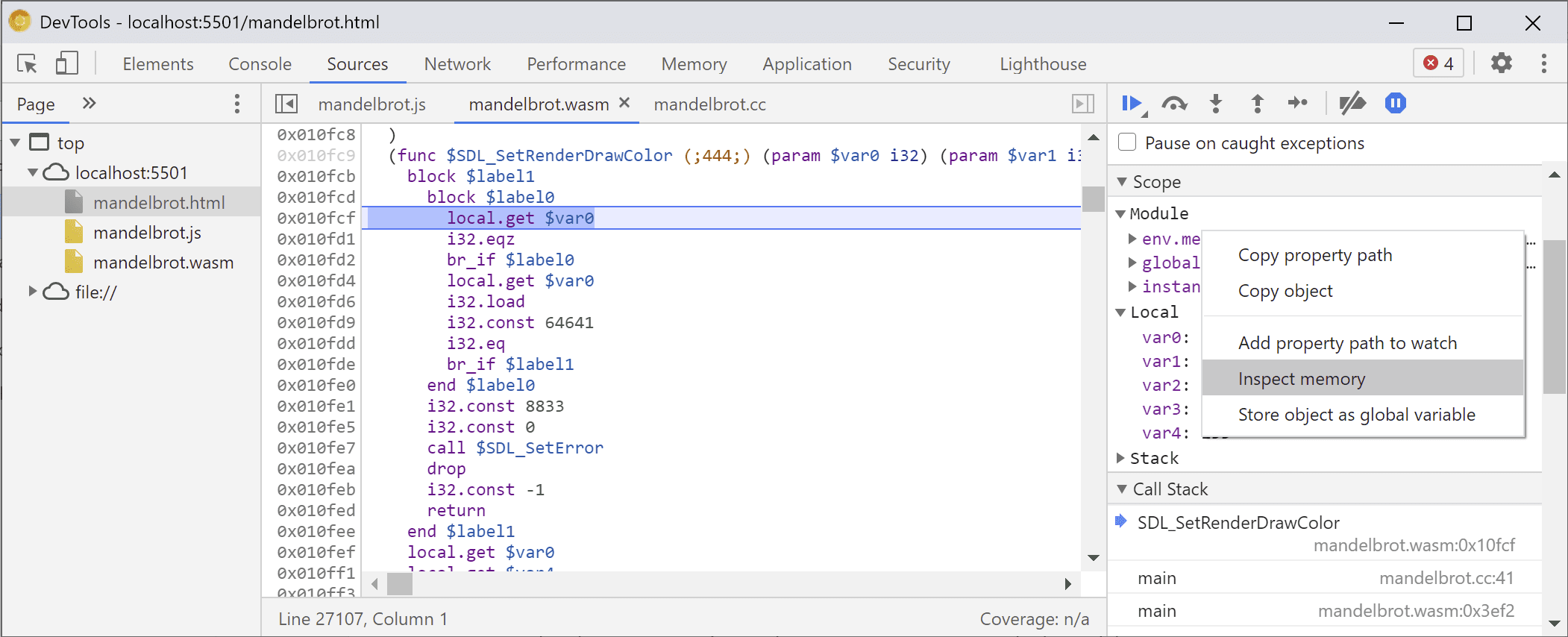 「Scope」窗格中「env.memory」的內容選單，顯示「Inspect Memory」項目