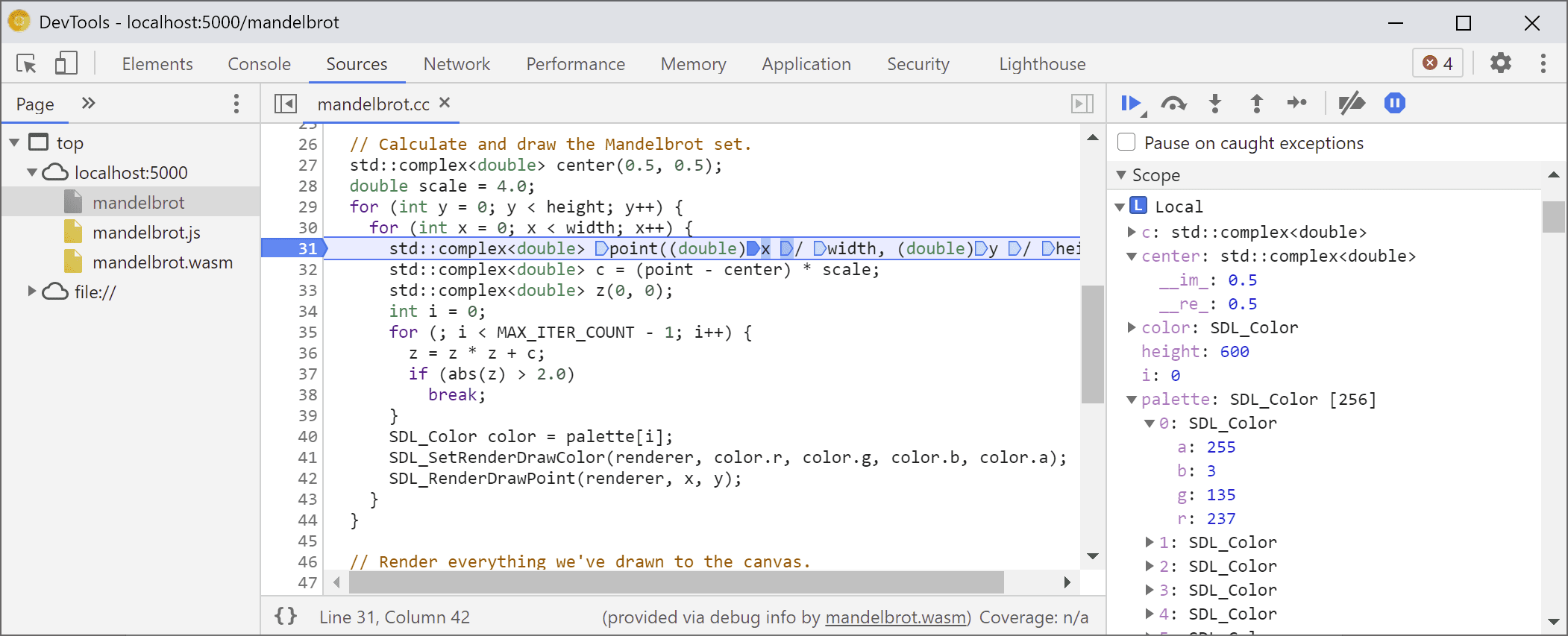 DevTools pausado dentro dos loops aninhados