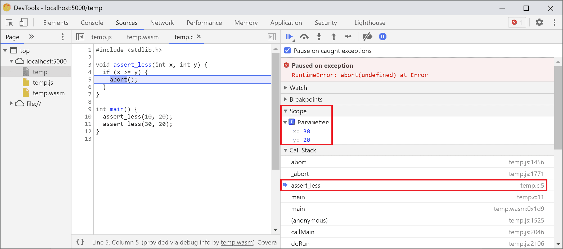 DevTools paused in the `assert_less` function and showing values of `x` and `y` in the Scope view