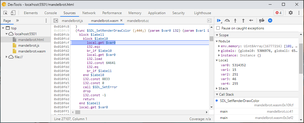 `mandelbrot.wasm` の逆アセンブル ビューを示す DevTools