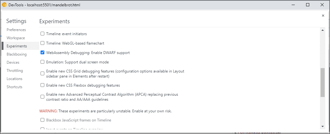Painel "Experiments" das configurações do DevTools