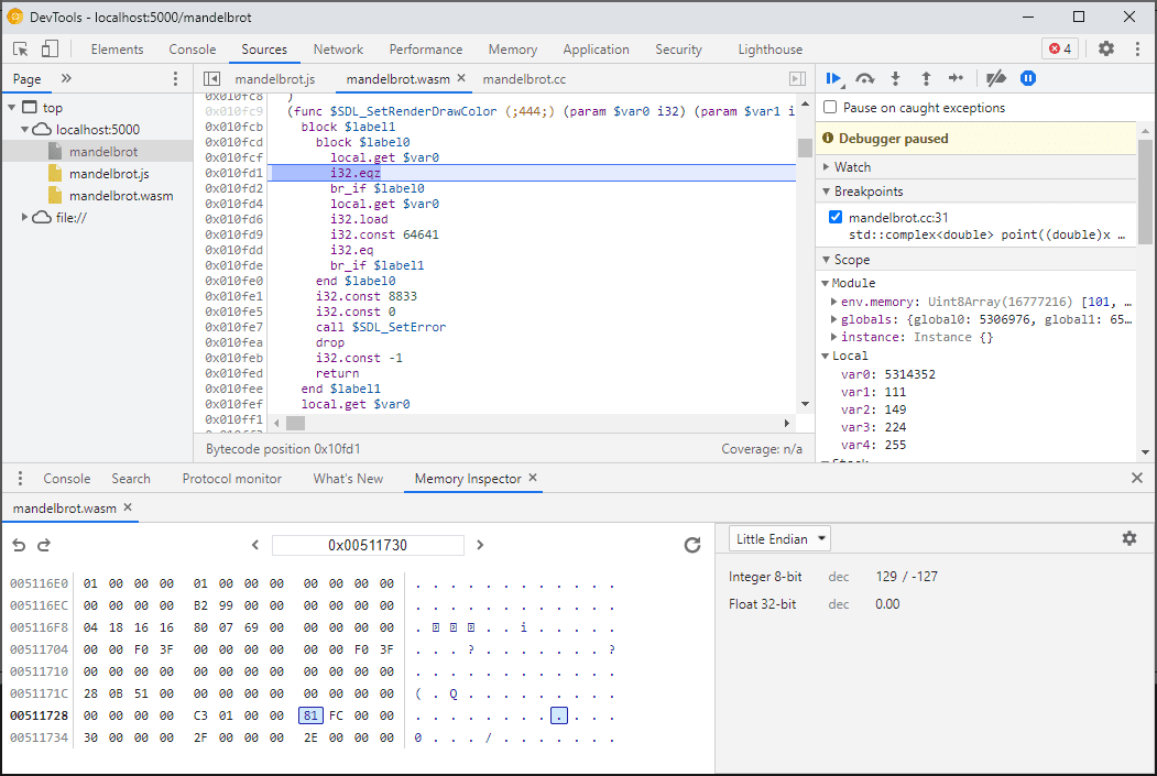 Memory Inspector pane in DevTools showing a hex and ASCII views of the memory