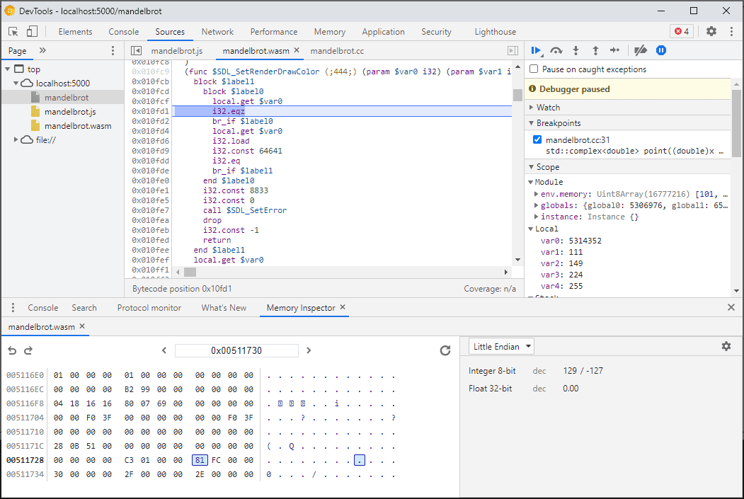 Painel do Inspetor de memória no DevTools mostrando visualizações hexadecimais e ASCII da memória