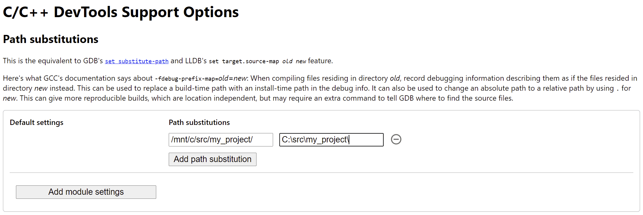 Seite „Optionen“ der C/C++-Debugging-Erweiterung