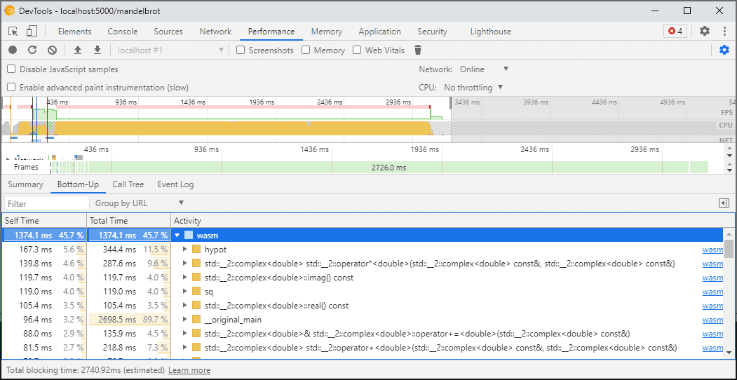 Painel de perfil mostrando várias funções do Wasm