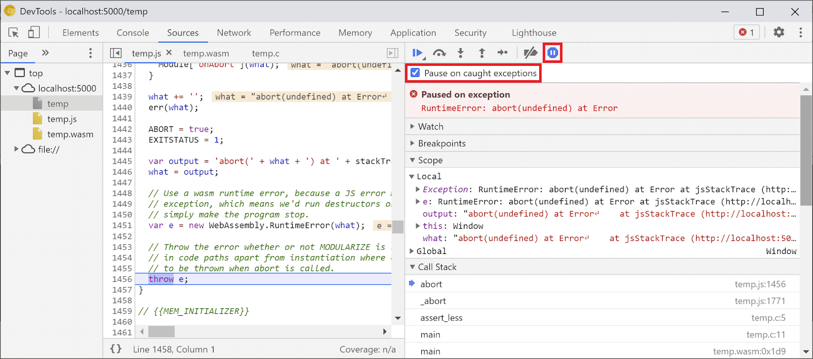 Captura de tela do painel &quot;Sources&quot; mostrando como ativar a opção &quot;Pausar em exceções capturadas&quot;