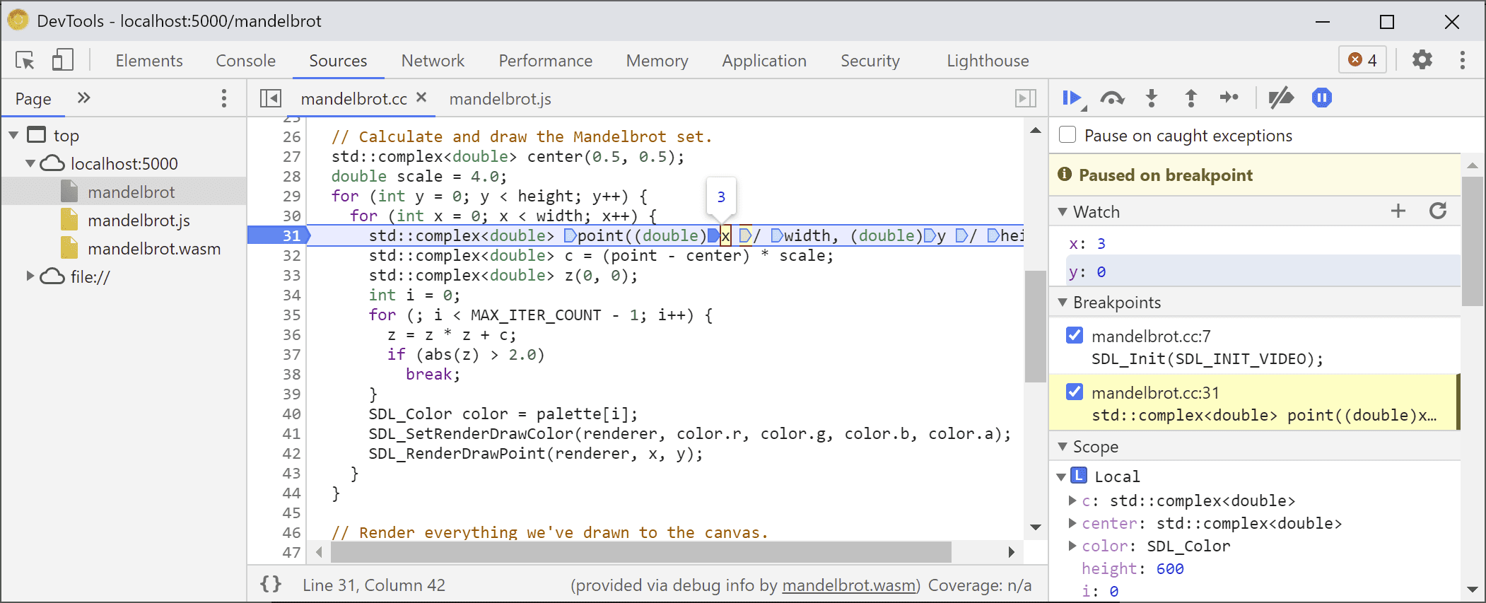 Tooltip over the variable `x` in the source showing its value `3`