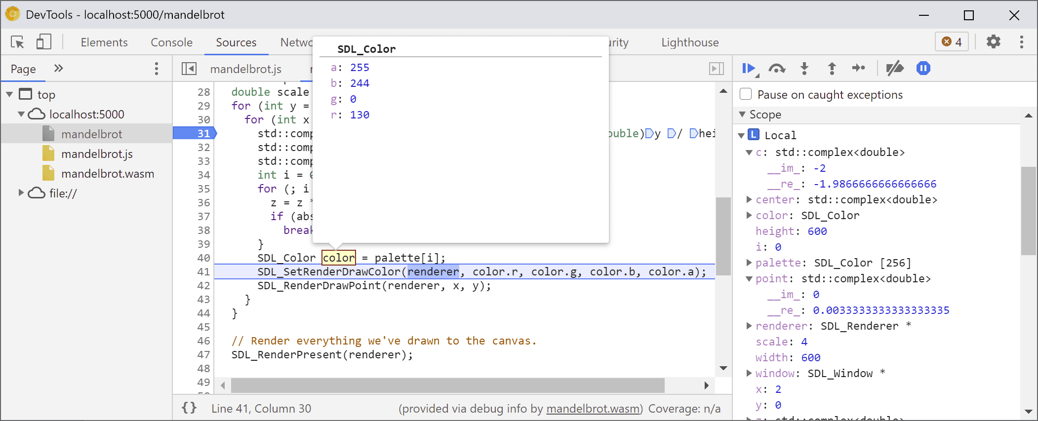 `color`、`point`、その他の変数の値が表示されているツールチップとスコープビュー