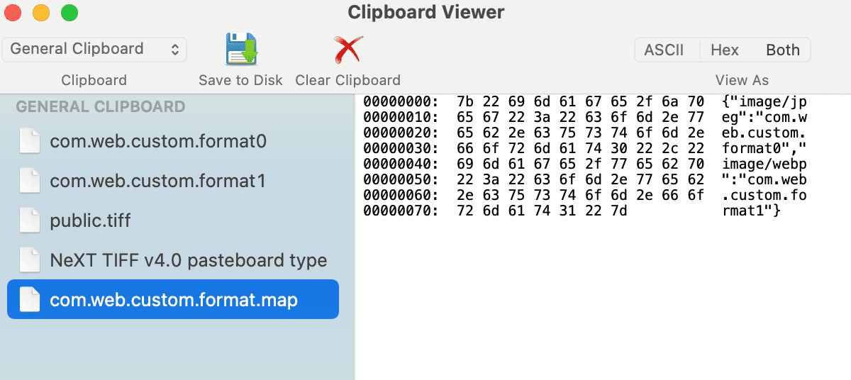 Clipboard expector on macOS showing a custom format map listing two web custom formats.