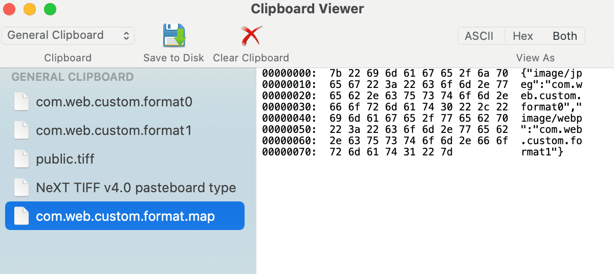 Ekspektor papan klip di macOS menampilkan peta format kustom yang mencantumkan dua format kustom web.