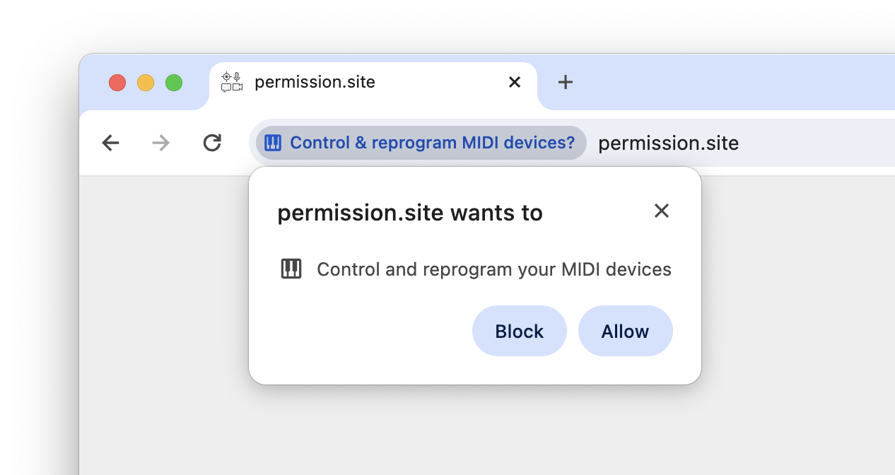 Schermafbeelding van de toestemmingsprompt voor Web MIDI in Chrome.