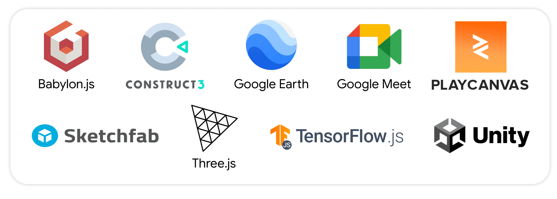 Babylon.js، Construct 3، Google Earth، Google Meet، PlayCanvas، Sketchfab، Three.JS، TensorFlow.js و Unity.
