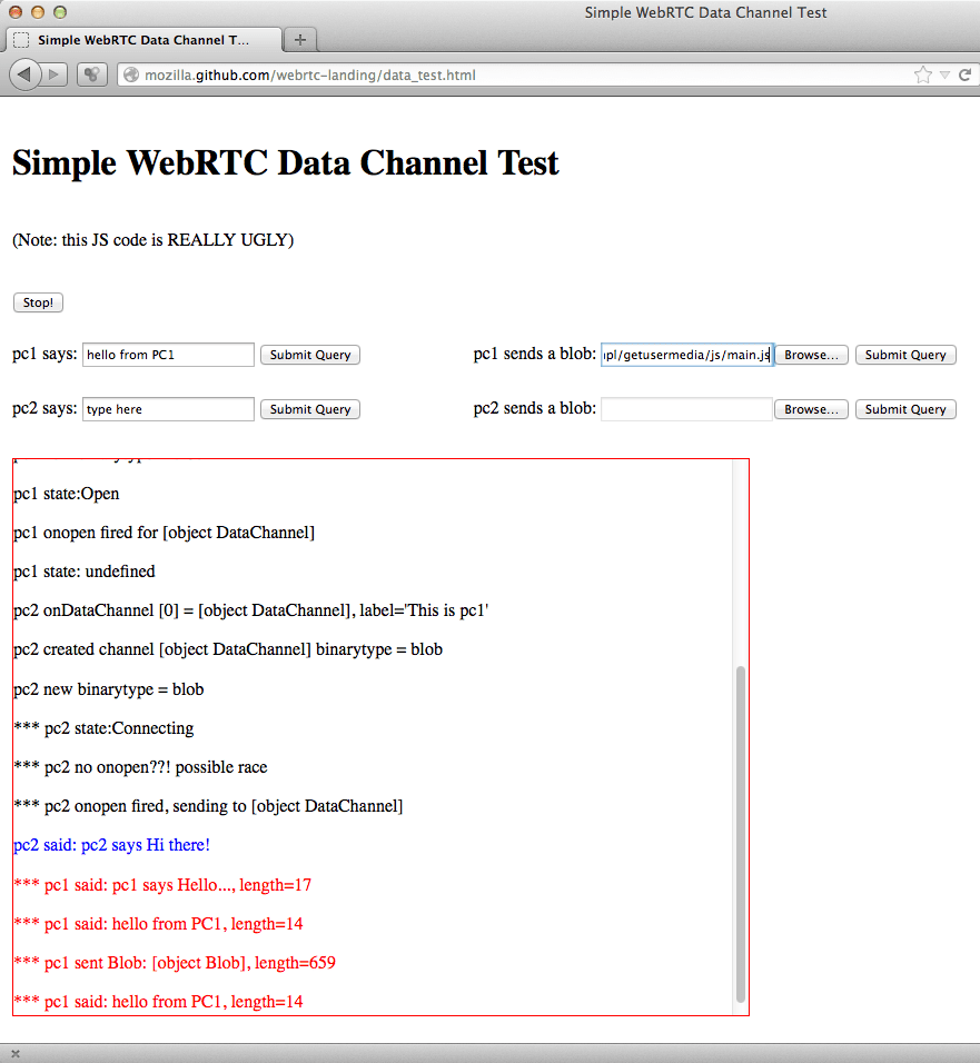Screenshot di Firefox DataChannel