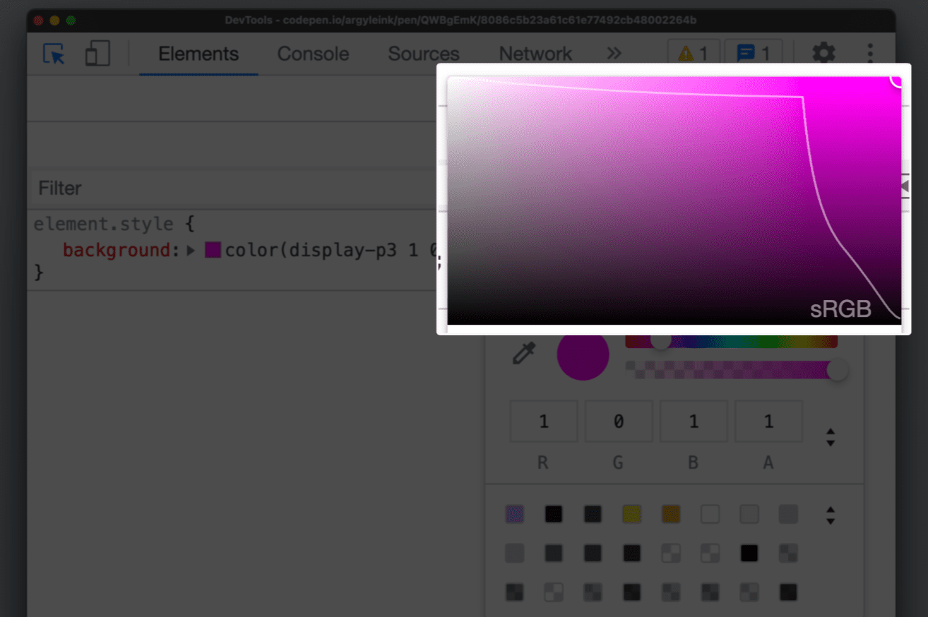 DevTools showing a gamut line in the color picker.