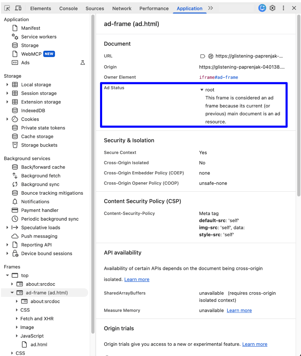 DevTools Application panel with a frame selected in the left sidebar. The main view displays a Document properties table with the 'Ad Status' row highlighted. The reason the frame is classified as an ad is 'This frame is considered an ad frame because its current (or previous) main document is an ad resource.