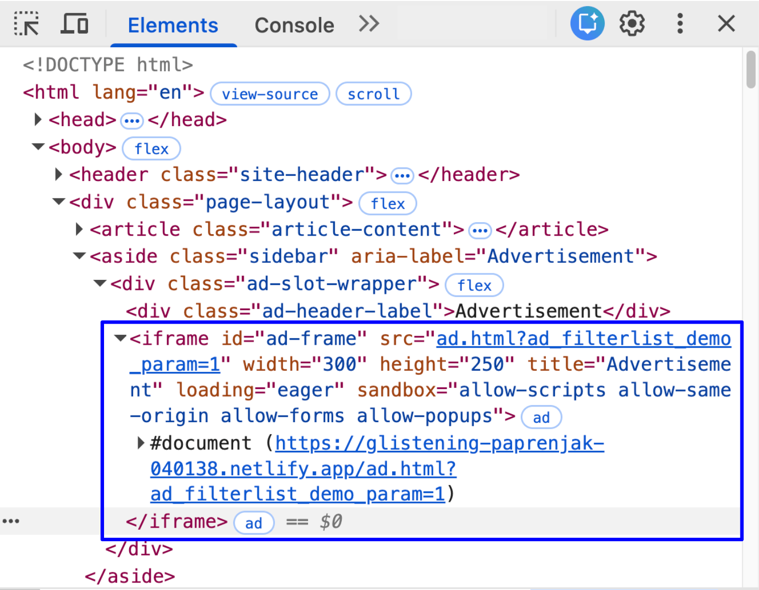 DevTools Elements panel with an iframe HTML element having a small 'ad' badge next to it is highlighted