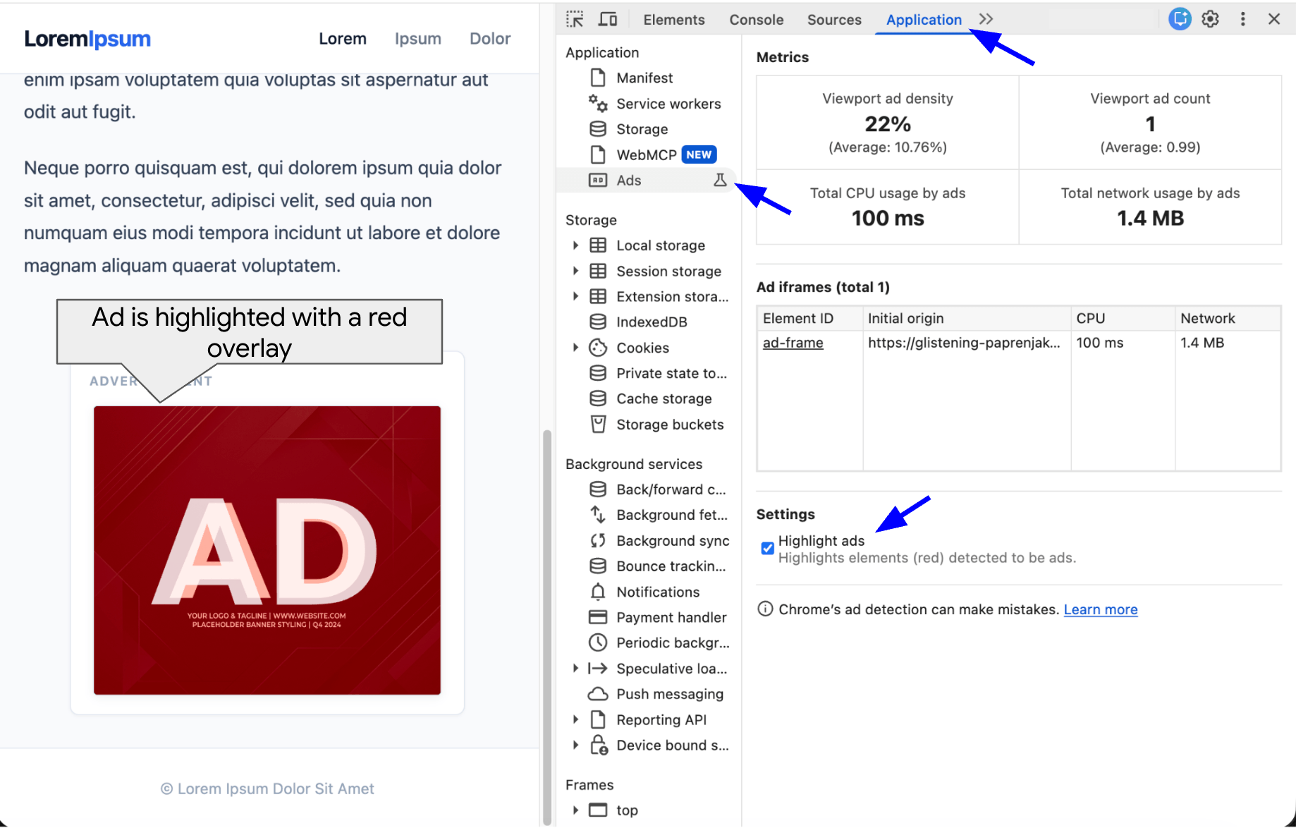 Chrome DevTools Application panel with the Ads sidebar menu open, focusing on a checked box labeled 'Highlight ads'. A sample web page containing an ad highlighted in red is also shown to demonstrate the effect of checking the 'Highlight ads' box.