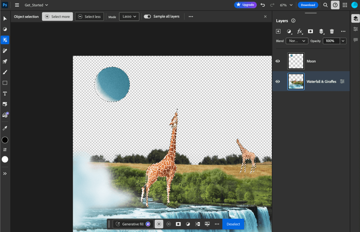 Adobe Photoshop im Web mit dem KI-basierten Tool zur Objektauswahl ist geöffnet. Drei Objekte sind ausgewählt: zwei Giraffen und ein Mond.