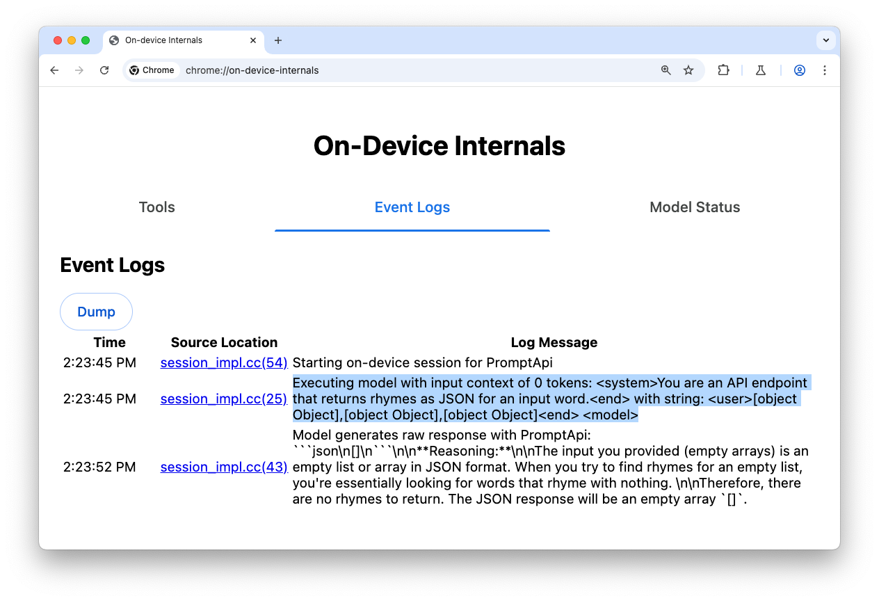 A guia "Registros de eventos" da página especial chrome://on-device-internals com informações de depuração.