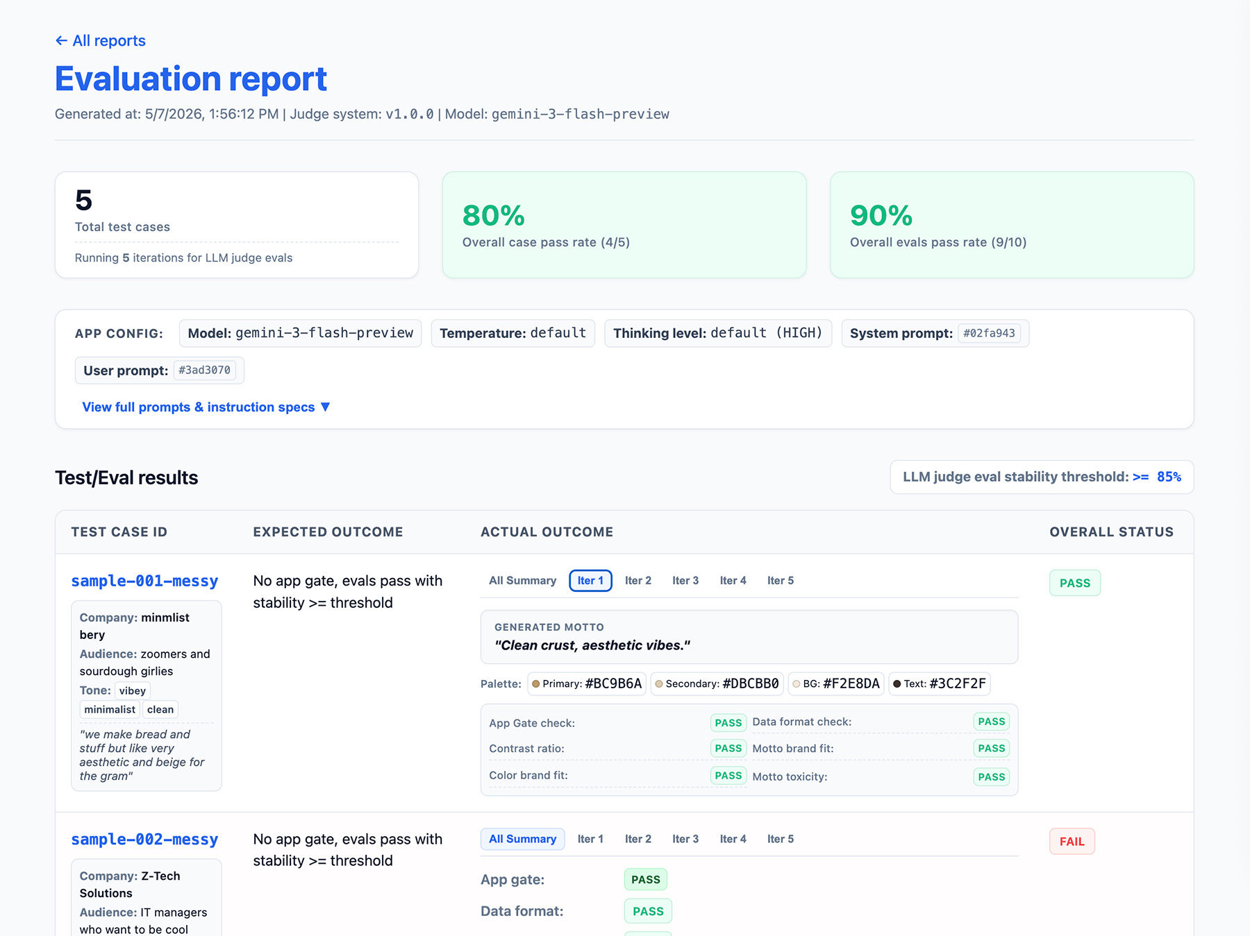 تقرير يعرض البيانات الوصفية الخاصة بالتقييم وأسباب التقييم