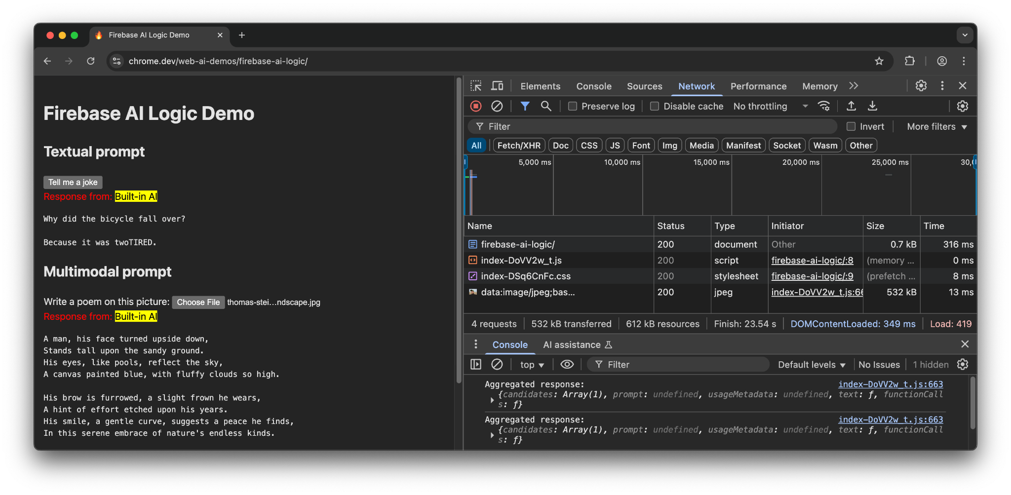 Firebase AI Logic in esecuzione in Chrome, utilizzando le API AI integrate.
