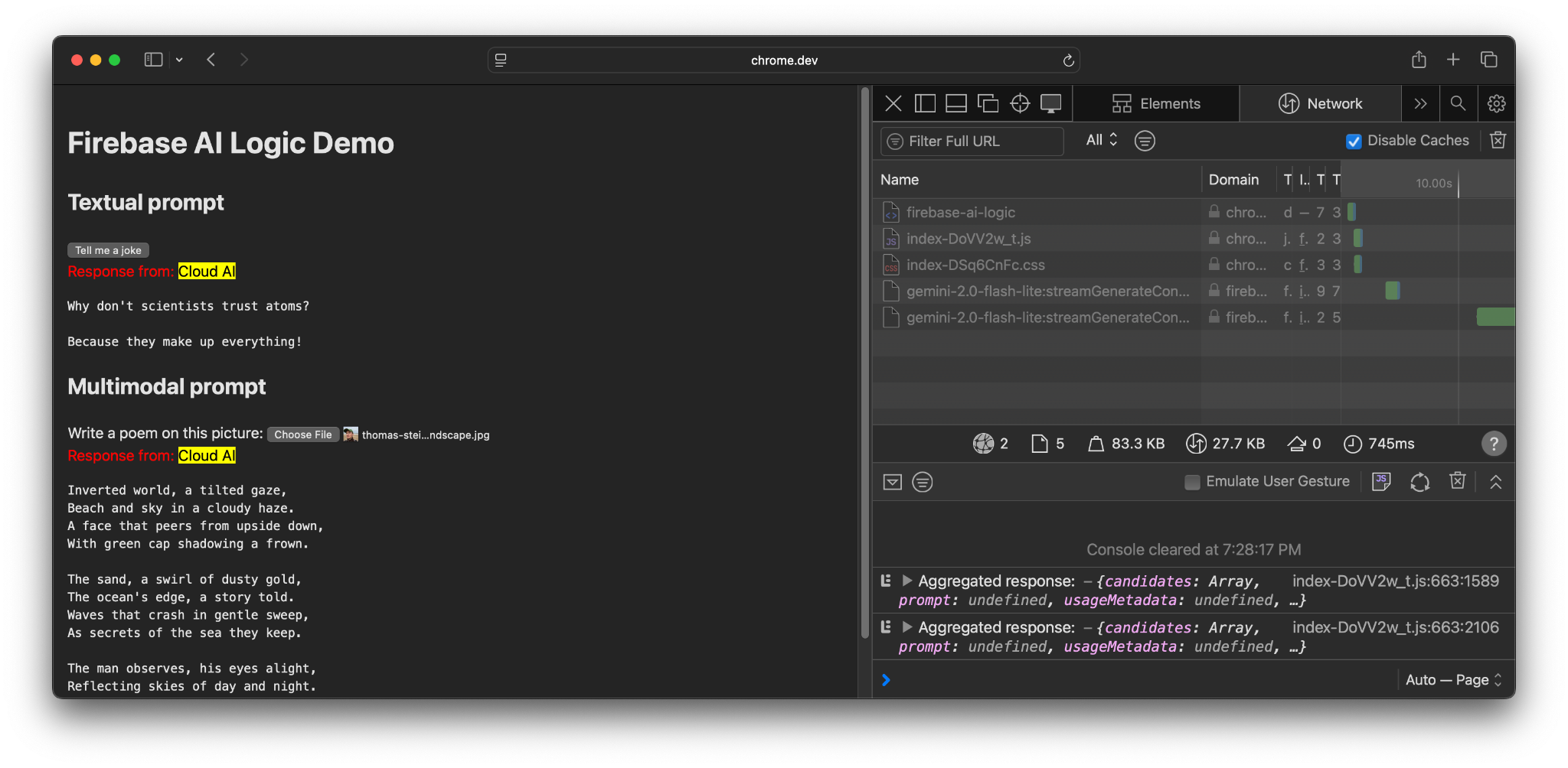 O Firebase AI Logic em execução no Safari, fazendo uma solicitação aos servidores do Firebase.