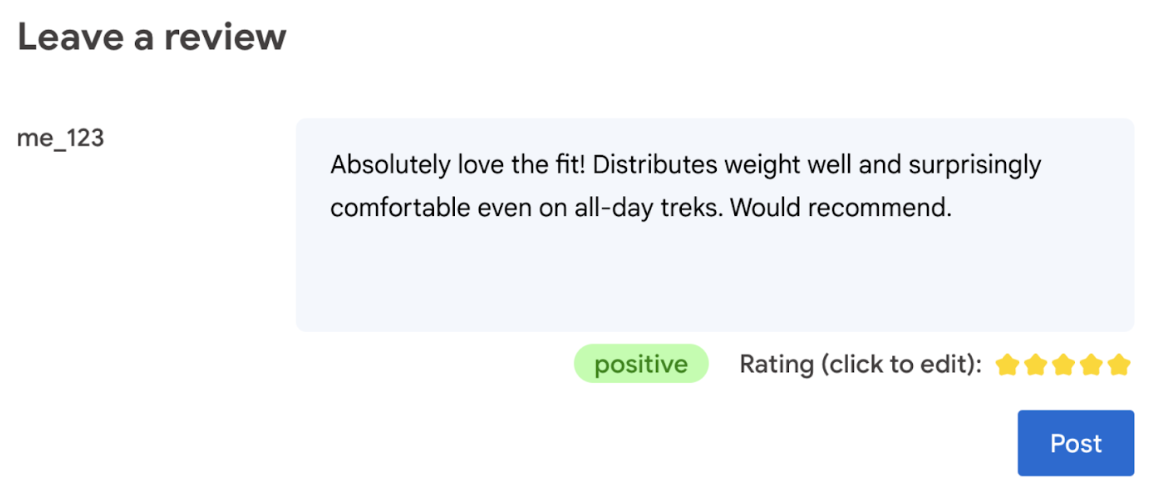 Screenshot di una recensione di esempio con sentiment e valutazione a stelle.