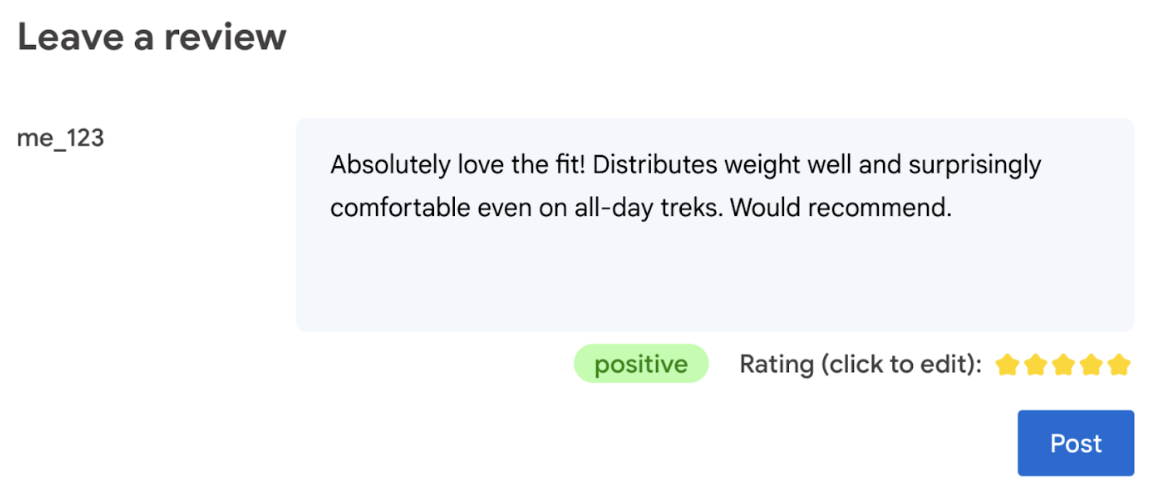 Captura de pantalla de un ejemplo de opinión con una calificación por estrellas y una opinión.