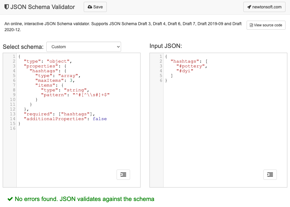 JSON 스키마 검사기에서 JSON 스키마에 대해 JSON 객체를 검사하는 데 성공했습니다.