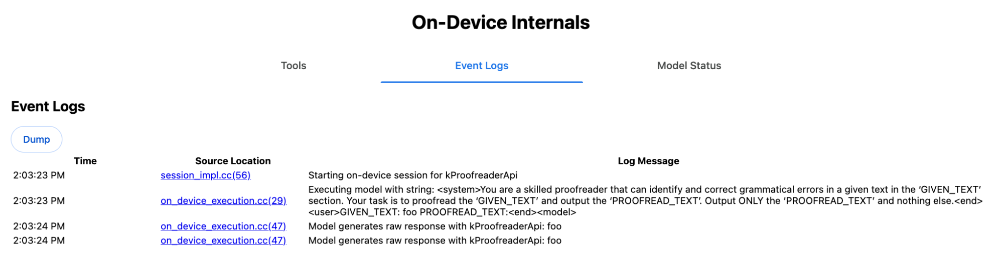 صفحة تصحيح الأخطاء في Chrome On-Device Internals ضمن علامة التبويب "سجلات الأحداث"
التي تعرض طلب النظام لواجهة برمجة التطبيقات Proofreader.