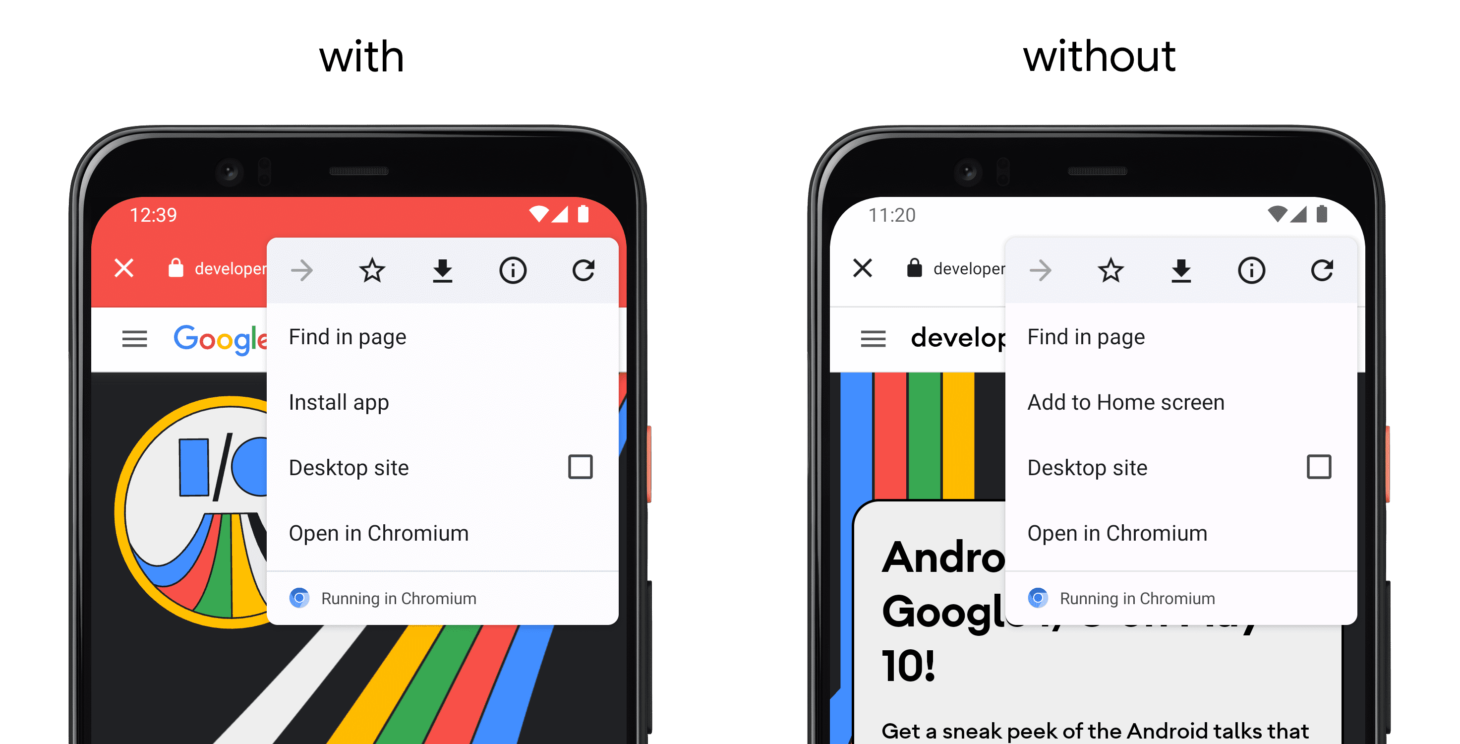 Di sebelah kiri, ponsel yang menampilkan aplikasi menggunakan setColorSchemeParams(), dan di sebelah kanan ponsel terpisah tanpa API