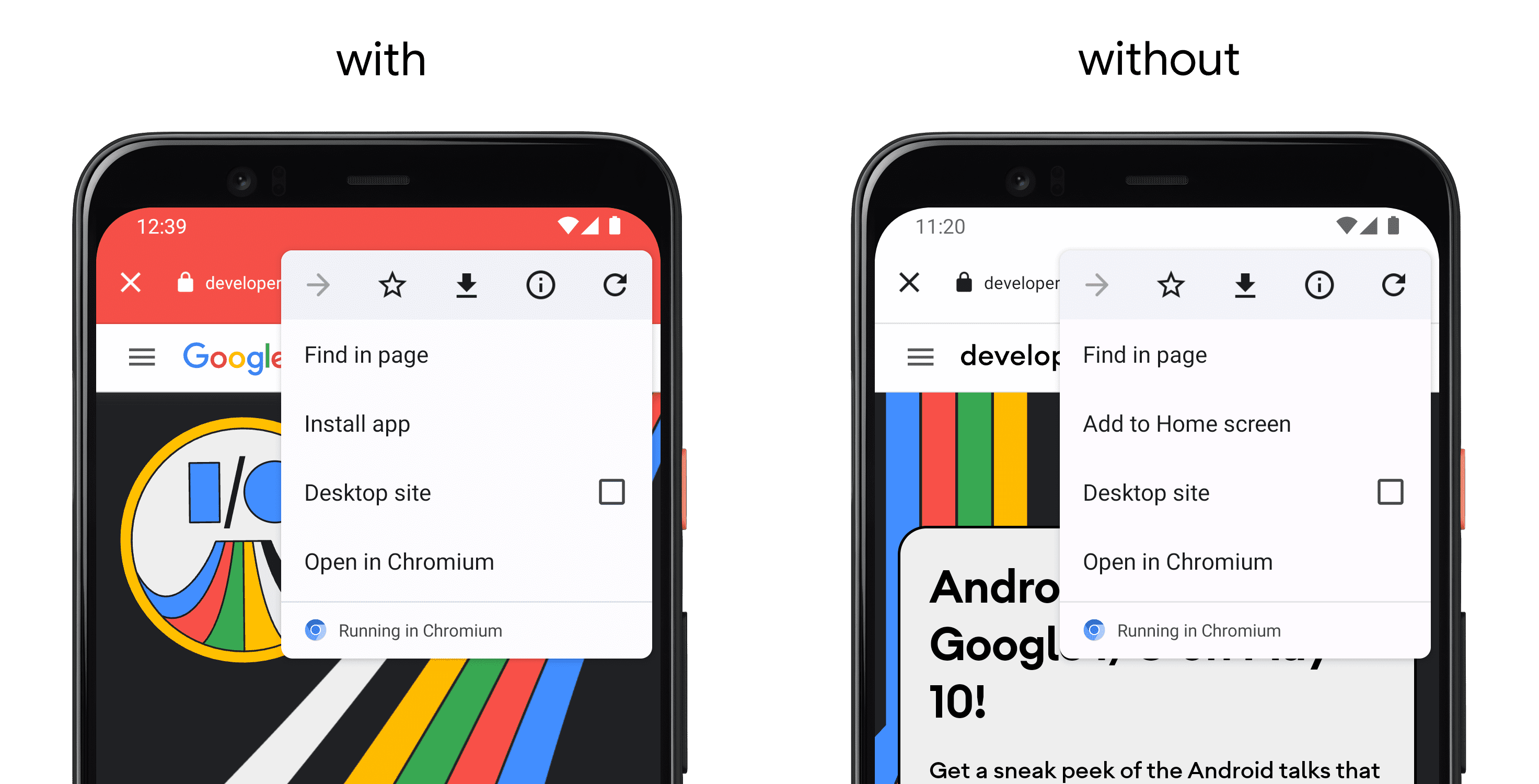 À gauche, un téléphone affichant une application utilisant setColorSchemeParams() et à droite, un autre téléphone sans l'API