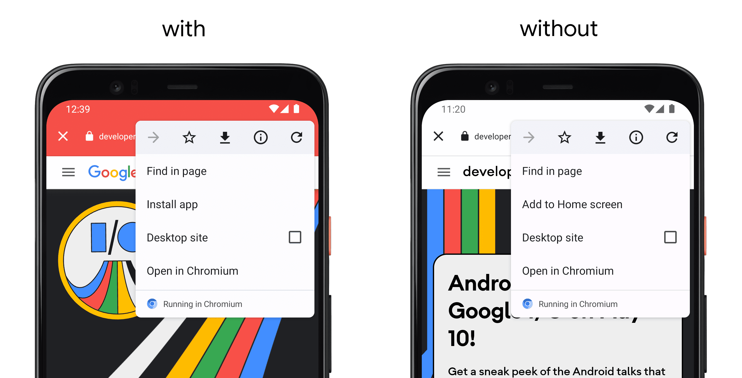 On the left, a phone showing an app using setColorSchemeParams(), and on the right a separate phone without the API