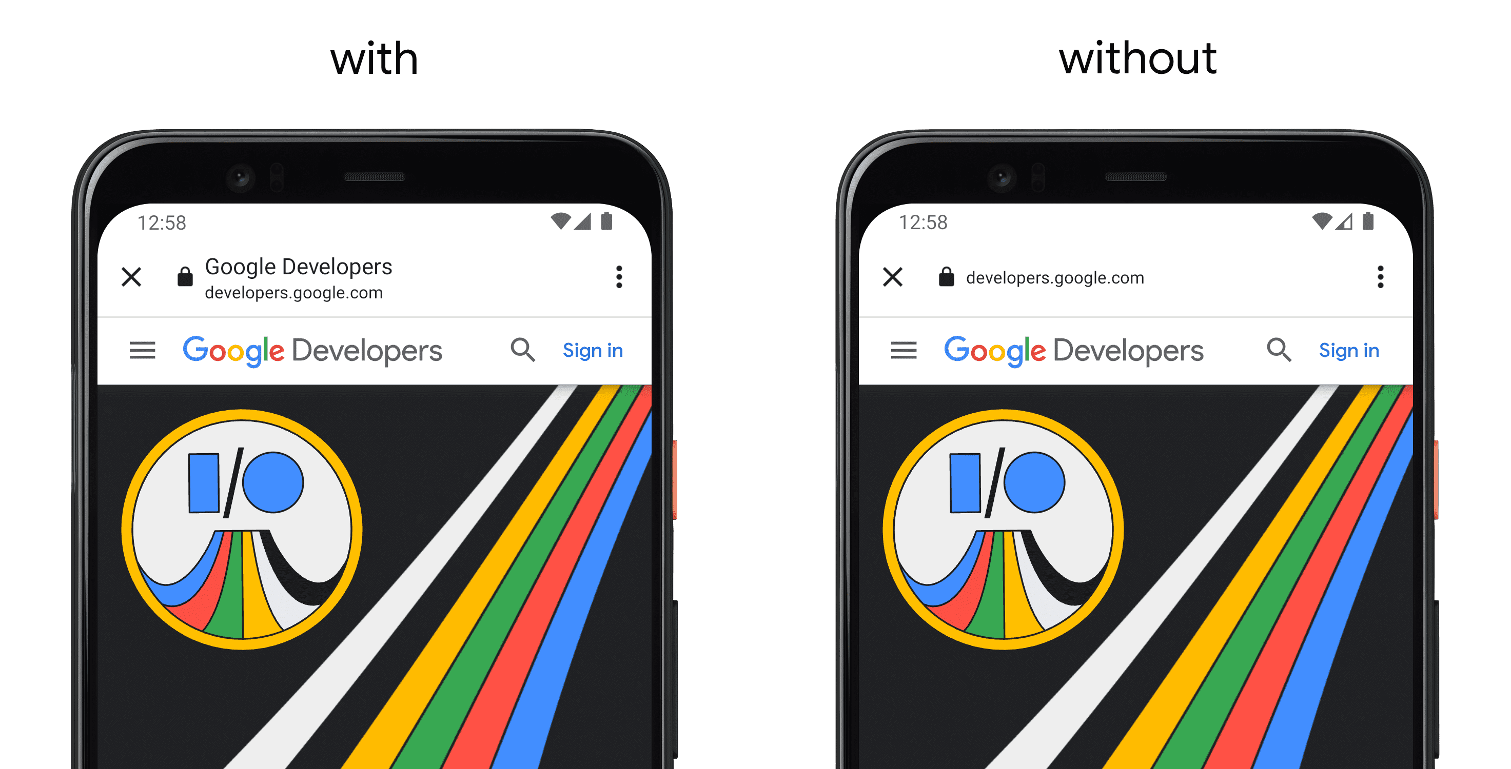 Po lewej stronie telefon z aplikacją korzystającą z setShowTitle(), a po prawej telefon bez interfejsu API