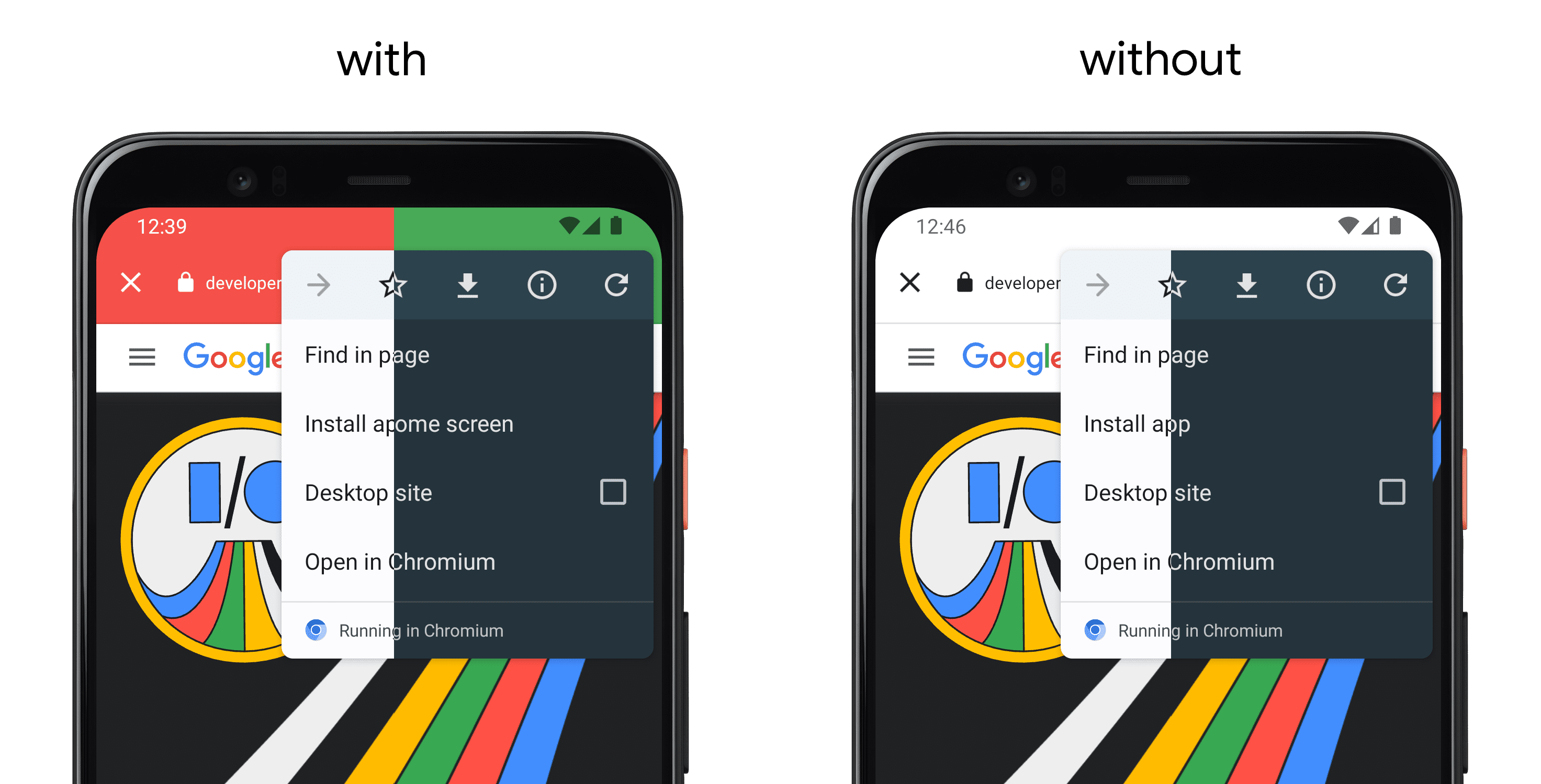 On the left, a phone showing an app using setDefaultColorSchemeParams(), and on the right a separate phone without the API