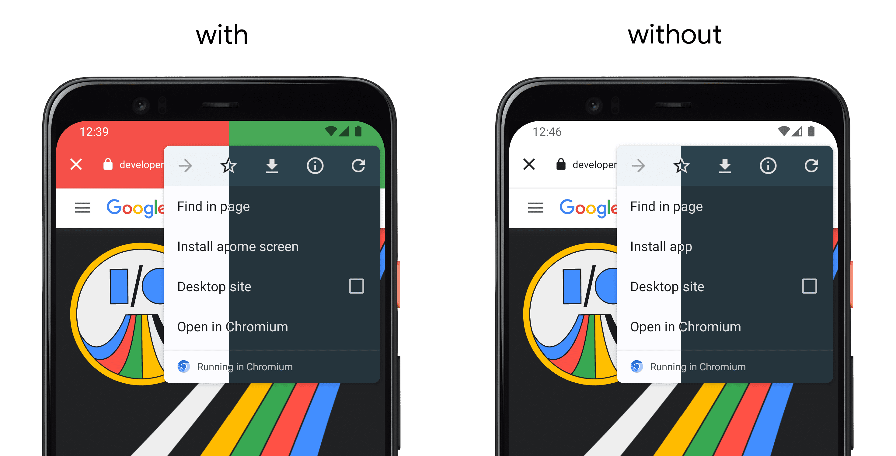 على اليمين، يعرض هاتفًا تطبيقًا باستخدام setDefaultColorSchemeParams() ، وعلى اليمين هاتف منفصل بدون واجهة برمجة التطبيقات