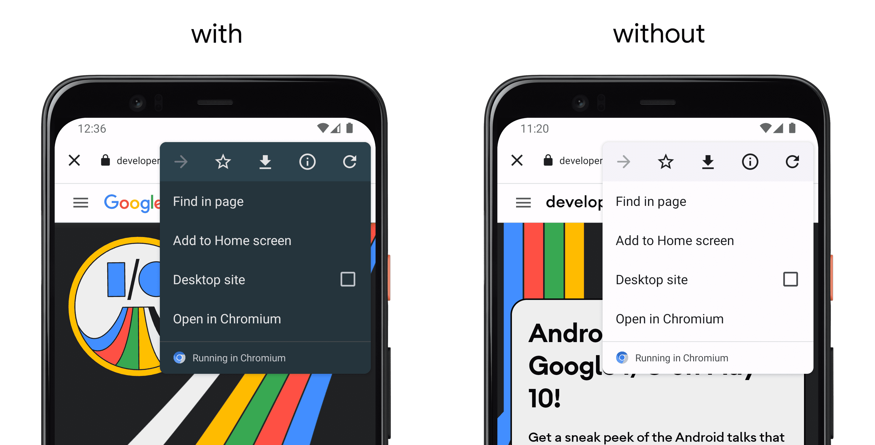 ทางด้านซ้าย โทรศัพท์แสดงแอปที่ใช้ setColorScheme() และทางด้านขวาเป็นโทรศัพท์อีกเครื่องที่ไม่มี API